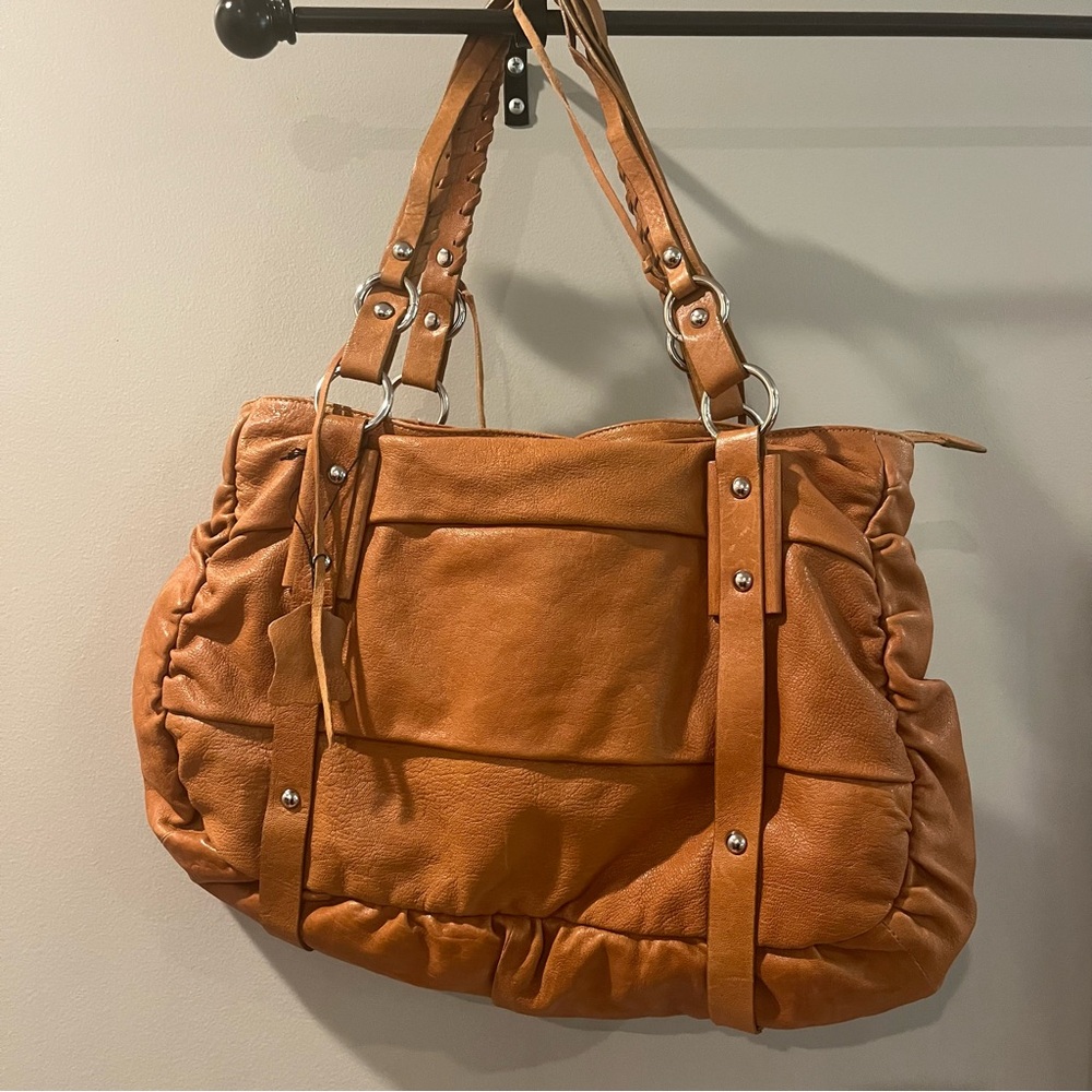 Chocolate Blue Oversized Leather Satchel Shoulder Bag Purse